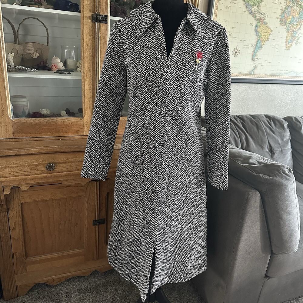 Vintage Black White Houndstooth Knit Dress Collared Long Sleeve Talon Zip Mod